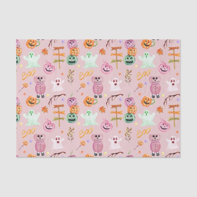Papier Mousseline Citrouilles d'Halloween, Fantôme, monstres rose (Recto)