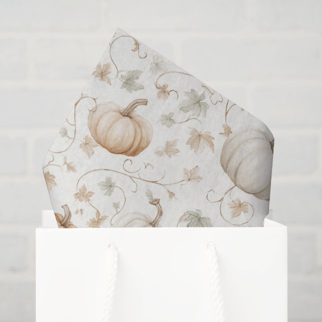 Papier Mousseline Citrouilles Feuilles Orange Blanc (Sac cadeau)