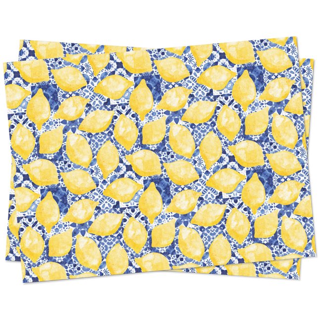 Papier Mousseline Citrus citron Aquarelle Bleu Carrelage méditerrané (Watercolor lemons on a blue and white Mediterranean tile background patterned tissue paper)