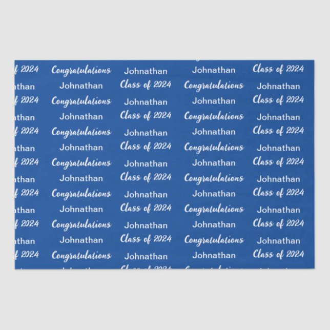 Papier Mousseline Classe de 2024 Blue White Félicitations Grad Name (Recto)