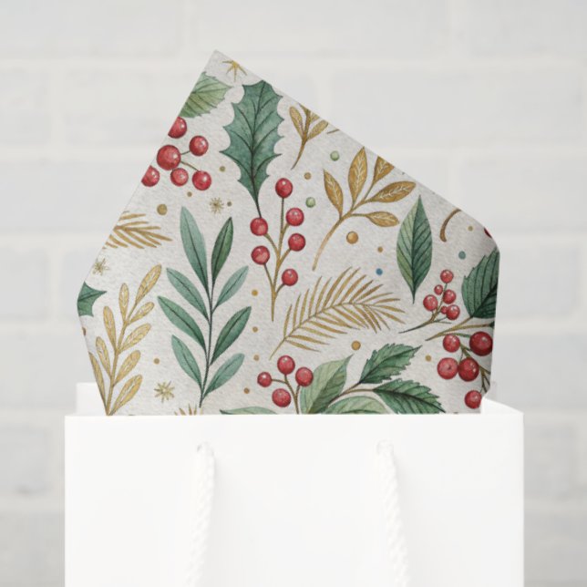Papier Mousseline Classic Merry & Bright Red Green and Gold Holly (Sac cadeau)