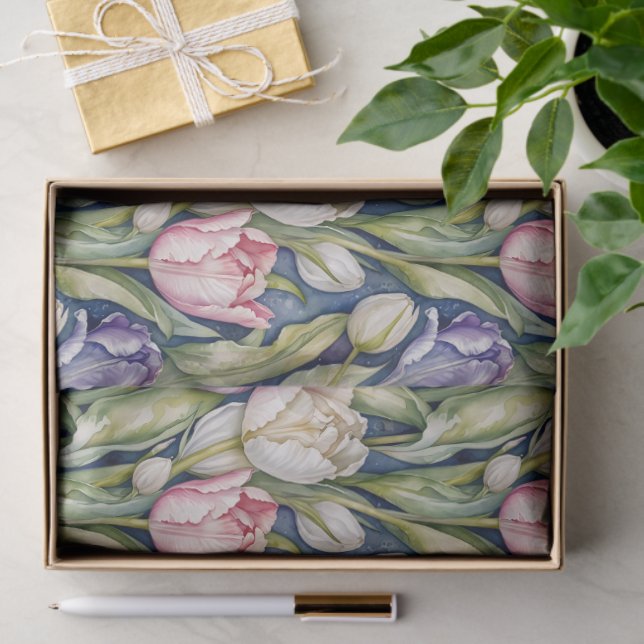 Papier Mousseline Classic Pink, Purple, Whute Tulips (Cadeau)