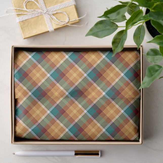 Papier Mousseline Classic Teal Blue Green Orange Tartan Pattern (Cadeau)