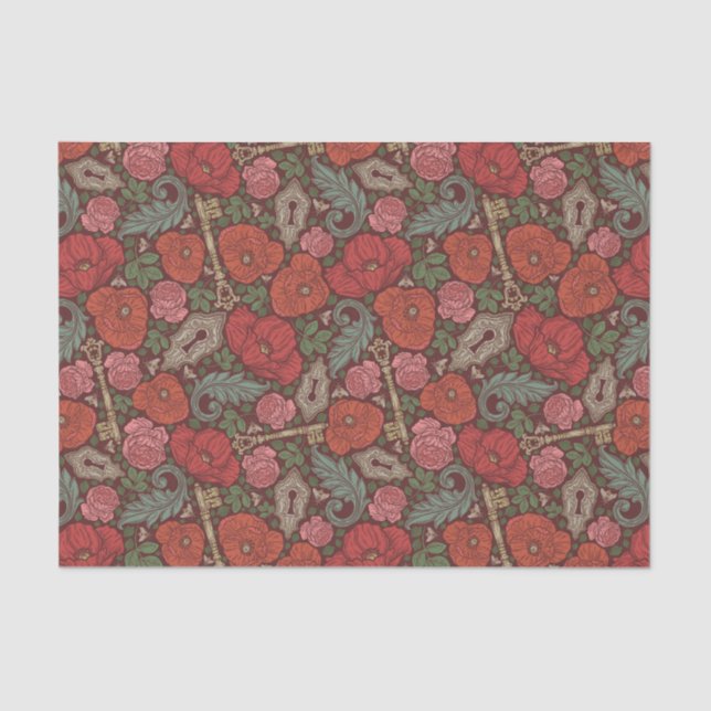 Papier Mousseline Clé ancienne Steampunk victorien avec coquelicots  (Recto)