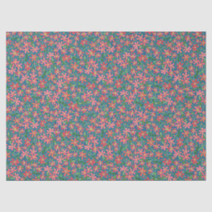 Papier Mousseline Clematis rose, rouge, orange floral sur bleu foncé