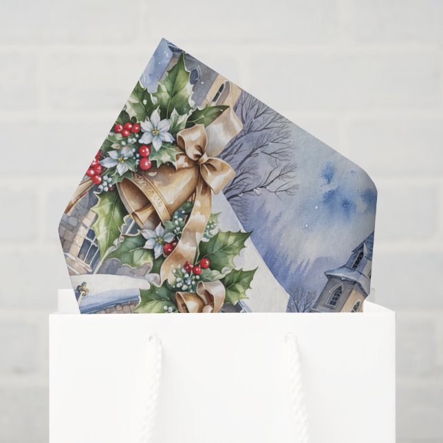 Papier Mousseline Cloches dorées de Noël (Sac cadeau)