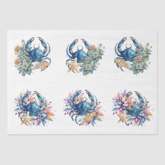 Papier Mousseline Coastal Beach Floral Blue Crab & Shells Decoupage  (Recto)