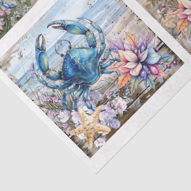 Papier Mousseline Coastal Beach Floral Blue Crab & Shells Decoupage  (Détail)