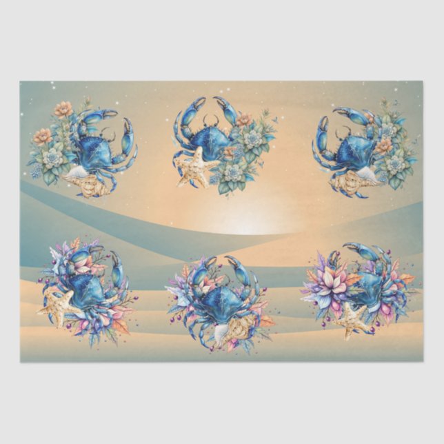 Papier Mousseline Coastal Beach Floral Blue Crab & Shells Decoupage  (Recto)