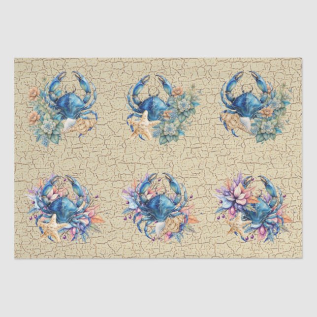 Papier Mousseline Coastal Beach Floral Blue Crab & Shells Decoupage  (Recto)