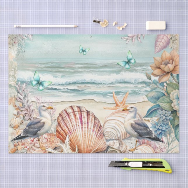 Papier Mousseline Coastal Floral Seagulls & Seashells Decoupage  (Artisanat)
