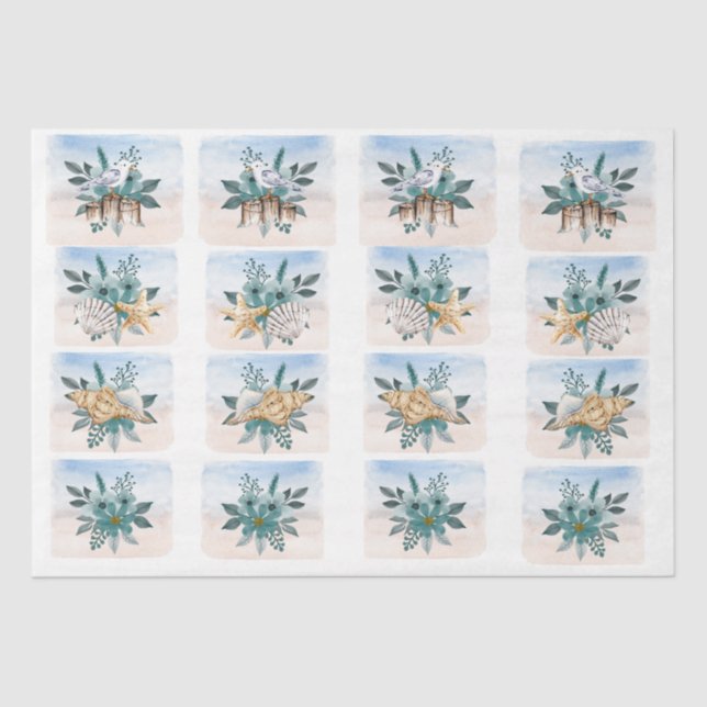 Papier Mousseline Coastal Sandpipers Flowers Shells Decoupage Paper (Recto)