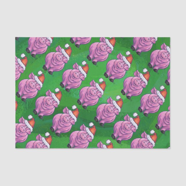 Papier Mousseline Cochon de vacances à Santa Hat Motif sur Vert (Recto)