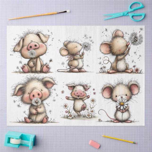 Papier Mousseline Cochon et Souris Fantaisistes au Printemps (Artisanat)