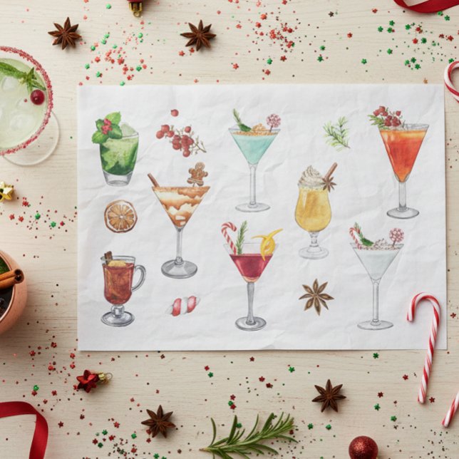 Papier Mousseline Cocktails Festive Aquarelle Martini de Noël (Créateur téléchargé)