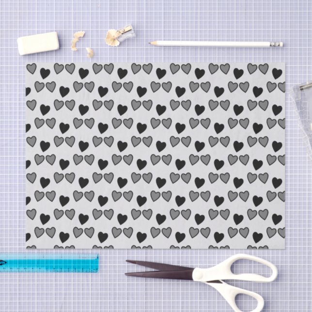 Papier Mousseline Coeurs d'amour gris et cadeau noir (Artisanat)
