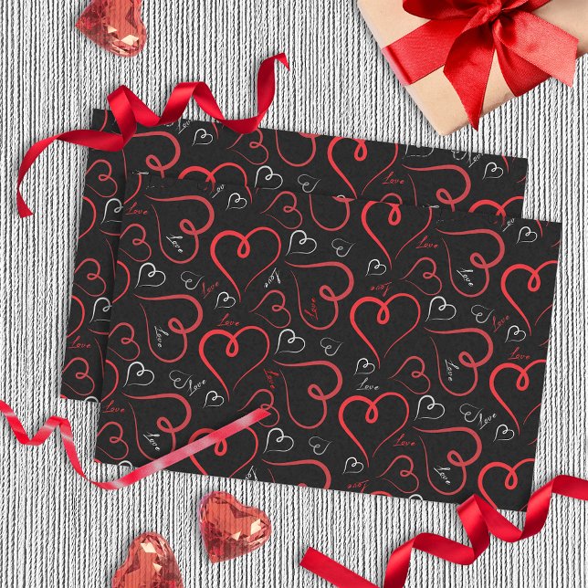 Papier Mousseline Coeurs de Doodle Rouge et Blanc Love Script On Bla (Créateur téléchargé)