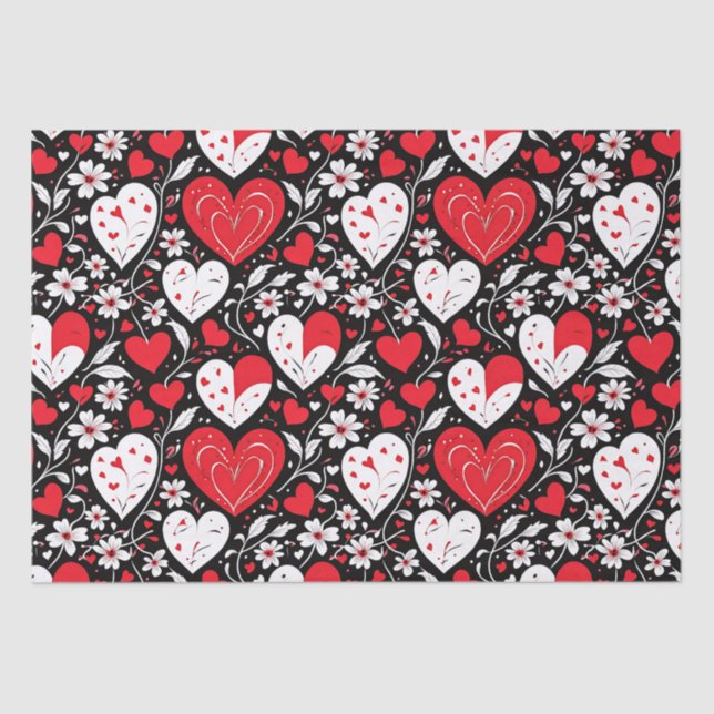Papier Mousseline Coeurs et fleurs rouges, noirs et blancs (Recto)
