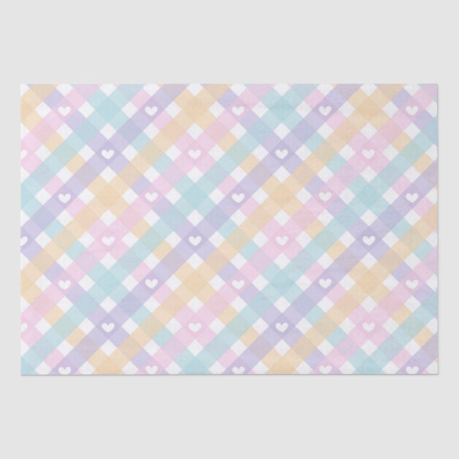 Papier Mousseline Cœurs Gingham Pastel   (Recto)