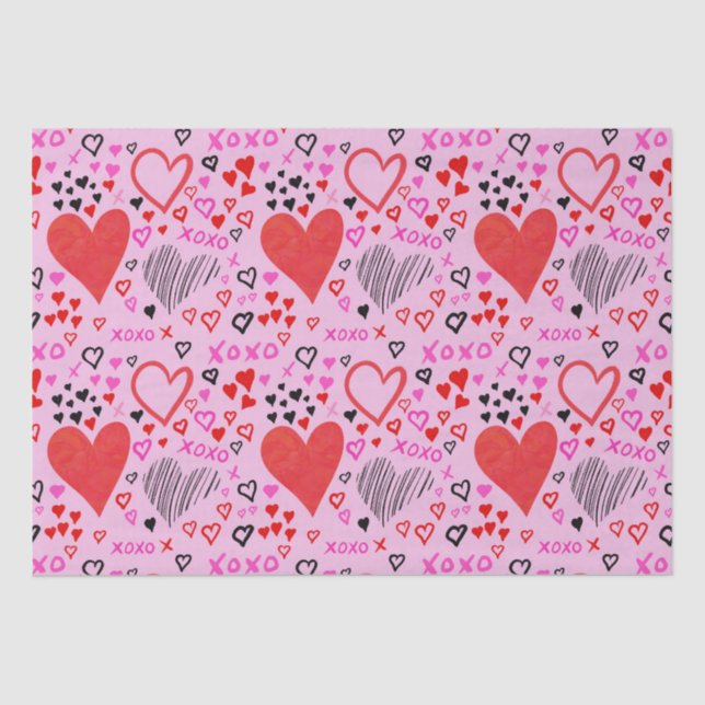 Papier Mousseline Coeurs, Motif rose XOXO (Recto)