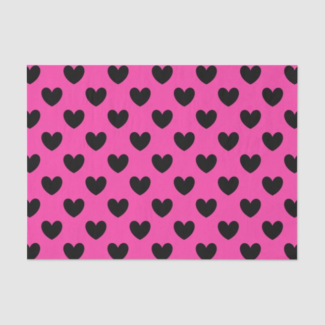 Papier Mousseline Coeurs polka noirs sur rose fuchsia (Recto)