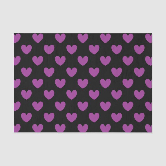 Papier Mousseline Coeurs polka violet sur noir (Recto)