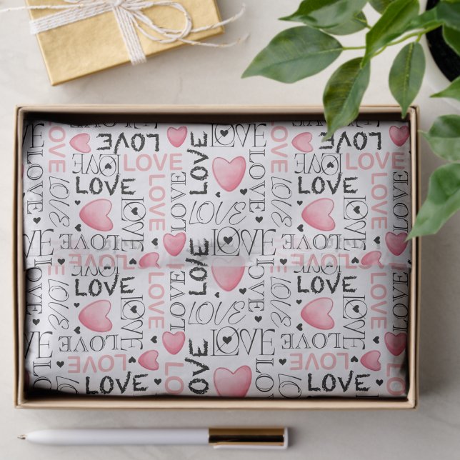 Papier Mousseline Cœurs roses à l'aquarelle Script Saint-Valentin (Créateur téléchargé)