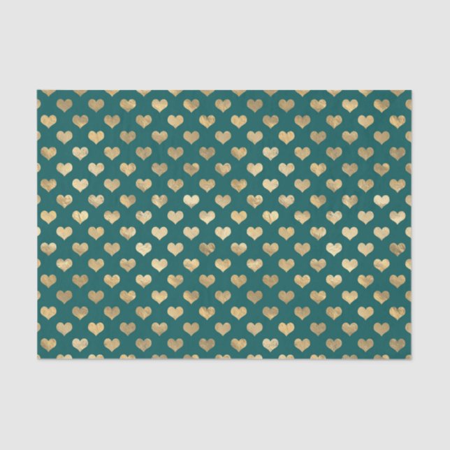 Papier Mousseline Coeurs turquoise et Gold Foil (Recto)