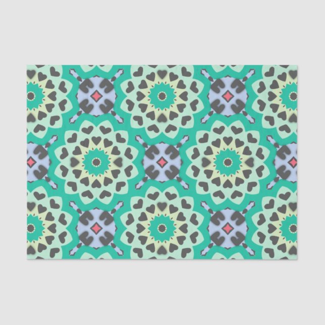 Papier Mousseline Coeurs verts et gris Boho ethnique Motif géométriq (Recto)