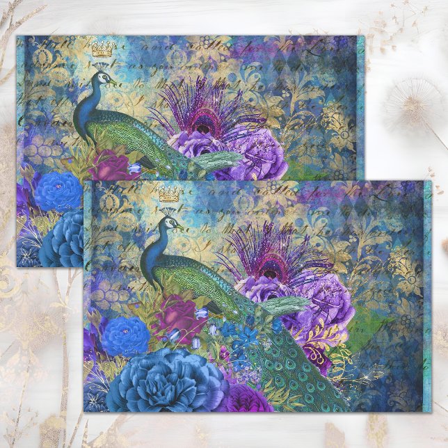 PAPIER MOUSSELINE COLAGE DÉCOUPÉ FLEUR PAON (PEACOCK FLORAL COLLAGE DECOUPAGE TISSUE PAPER)