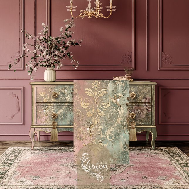 Papier Mousseline Colibri d'or Damask Patina (Gold Hummingbirds, Gilded Damask Patina, Shabby Chic Weathered Background Decoupage Tissue Paper)