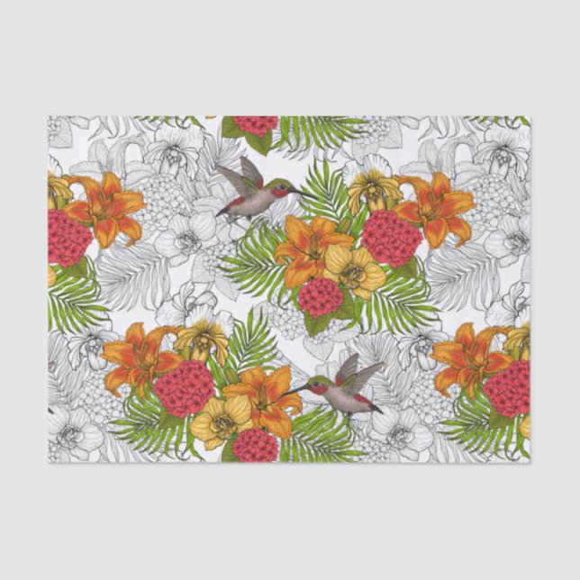 Papier Mousseline Colibris et bouquet tropical (Recto)
