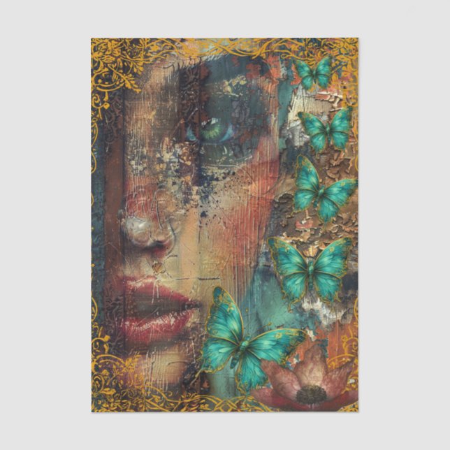 Papier Mousseline Collage Abstrait Visage de Fille & Papillons (Recto)