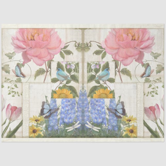 Papier Mousseline Collage de fleurs Bleu rose papillon Dégage d'oise (Recto)