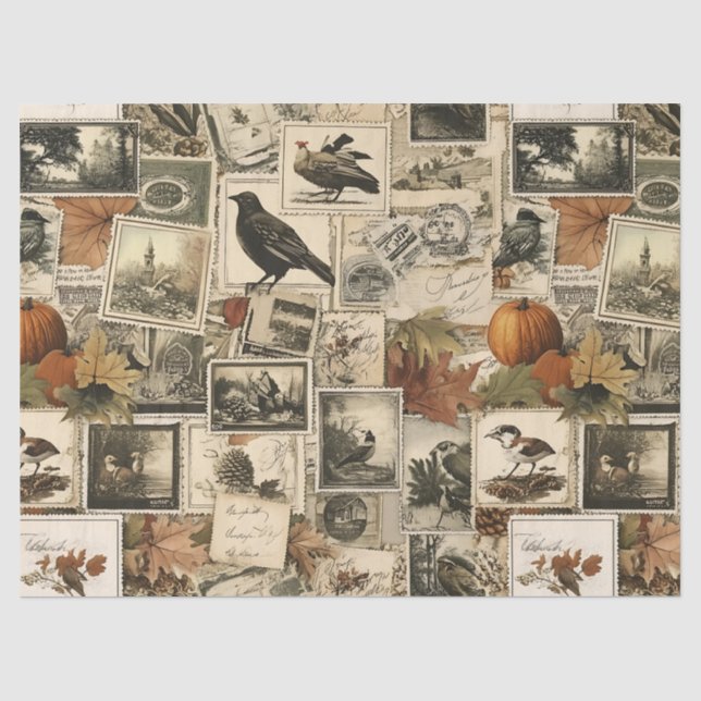 Papier Mousseline Collage Ephémère d'automne vintage | Oiseaux rusti (Recto)