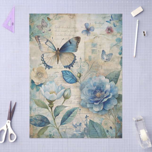 Papier Mousseline Collage Floral bleu vintage inspiré (Artisanat)