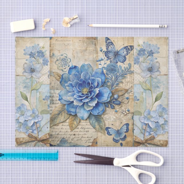 Papier Mousseline Collection Florale bleue vintage inspirée (Artisanat)