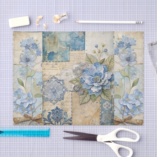 Papier Mousseline Collection Florale bleue vintage inspirée (Artisanat)