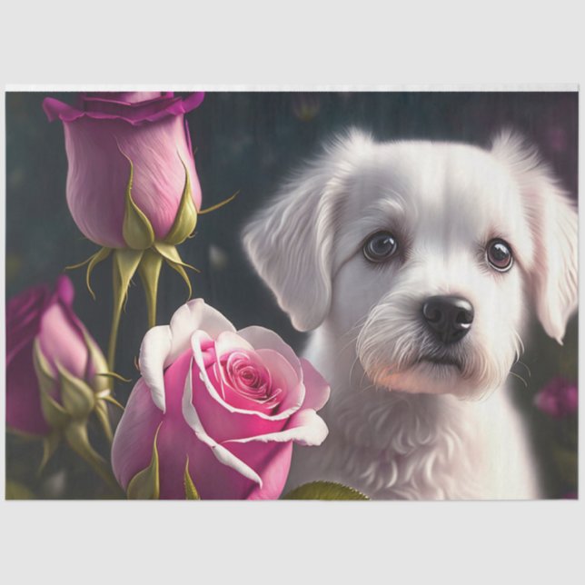 Papier Mousseline Collection Petit Chien Et Rose (Recto)