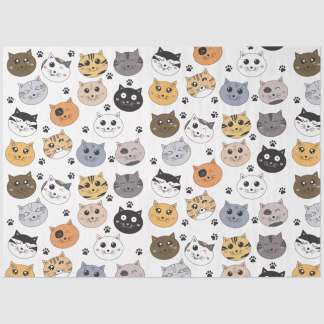 Papier Mousseline Coloré Cute Funny Chats & Motif Paw (Recto)