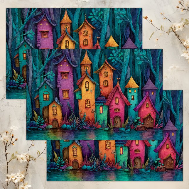PAPIER MOUSSELINE COLORÉ FAIRY VILLAGE DÉCOUPAGE TISSUE PAPIER (COLORFUL FAIRY VILLAGE DECOUPAGE TISSUE PAPER)