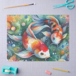 Papier Mousseline Coloré Koi Poisson Whimsical Aquarelle Orange Turq