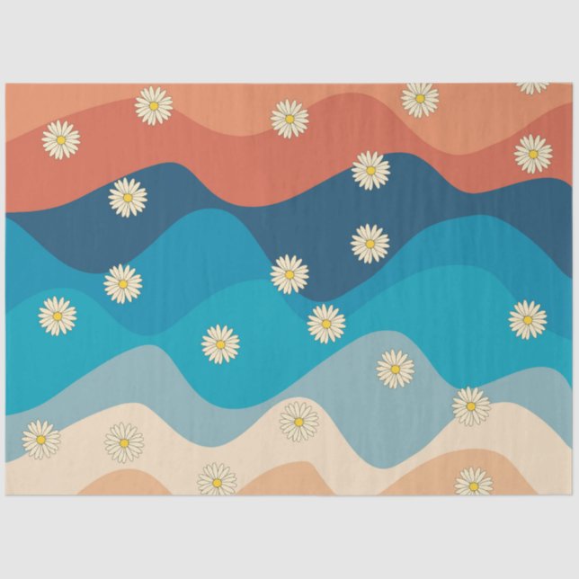 Papier Mousseline Coloré Retro Waves & Daisies Motif (Recto)