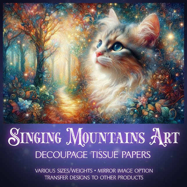 Papier Mousseline Colorful Cat Among Blossoms Artistic Decoupage  (Créateur téléchargé)