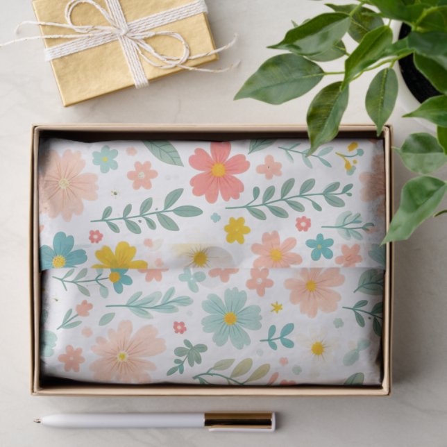 Papier Mousseline Colorful Floral on White  (Cadeau)