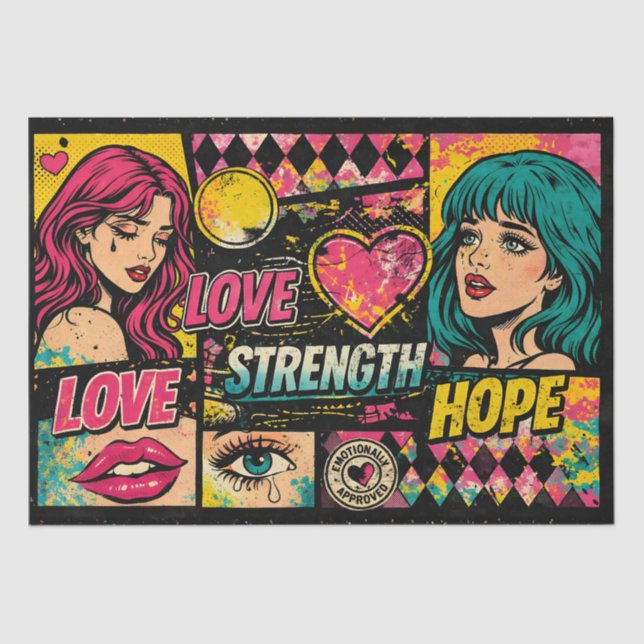 Papier Mousseline Comic Pop Art Decoupage Paper Love Strength Hope  (Recto)