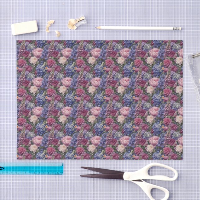 Papier Mousseline Composition florale dense de jardin anglais (Artisanat)