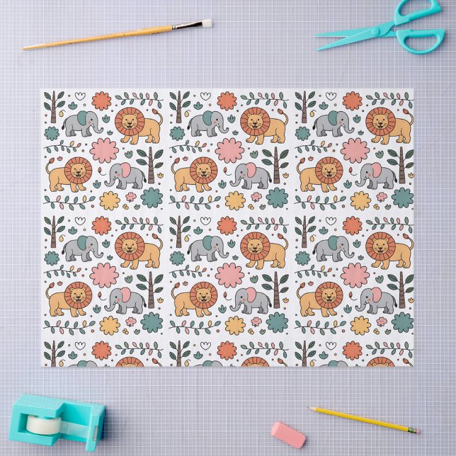 Papier Mousseline Conception de motif avec des lions et des éléphant (Créateur téléchargé)