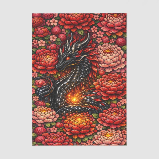 Papier Mousseline Conception de vitrail de dragon noir floral vibran (Recto)
