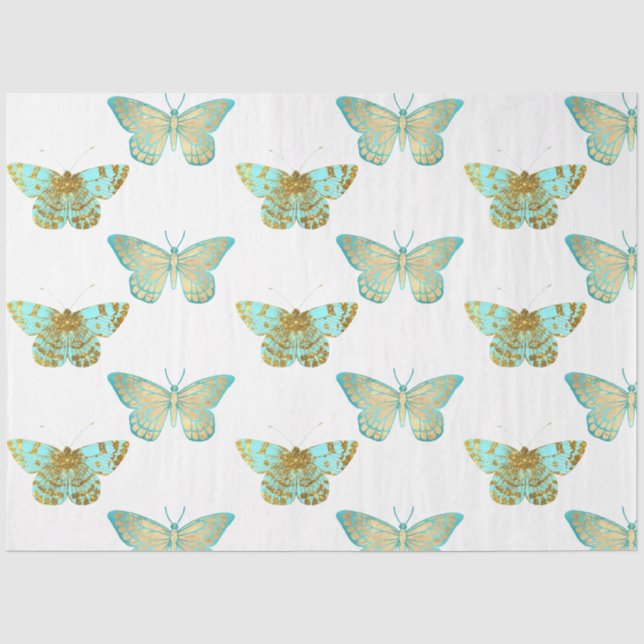 Papier Mousseline Conception florale Aqua et Or 2 (Recto)